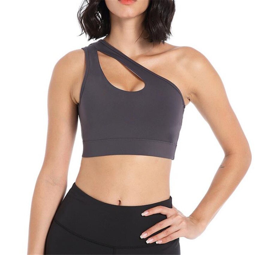 Uveng Size Sexy One Shoulder Sports Bra Women's Yoga Crop Top Athletic Vest Fitness Running Push Up Brassieres Gym Workout Tops