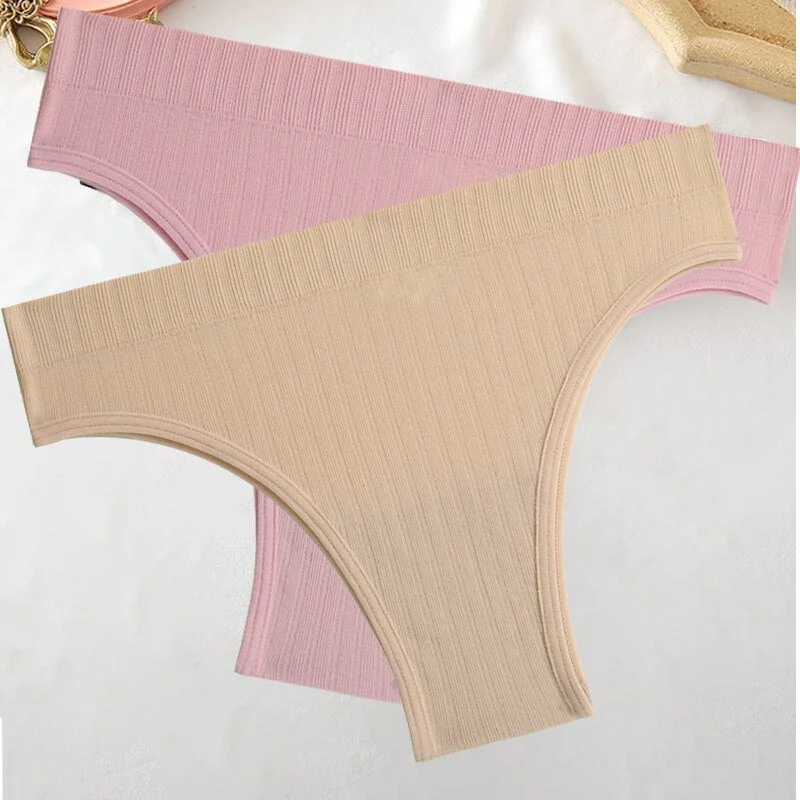 FINETOO 2PCS/Set M-XL Women Seamless Pantys 9 Solid Colors Sexy Brazilian Panties  Midi-Waist Underpants For Girls Fashion Thong