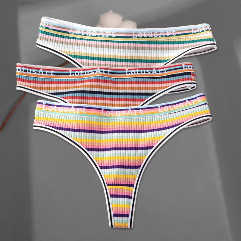 FINETOO 3Pcs/set Women Rainbow Thongs M-XL Cotton Panties Comfortable Striped T-Back Underwear Ladies Soft G-string Lingerie New