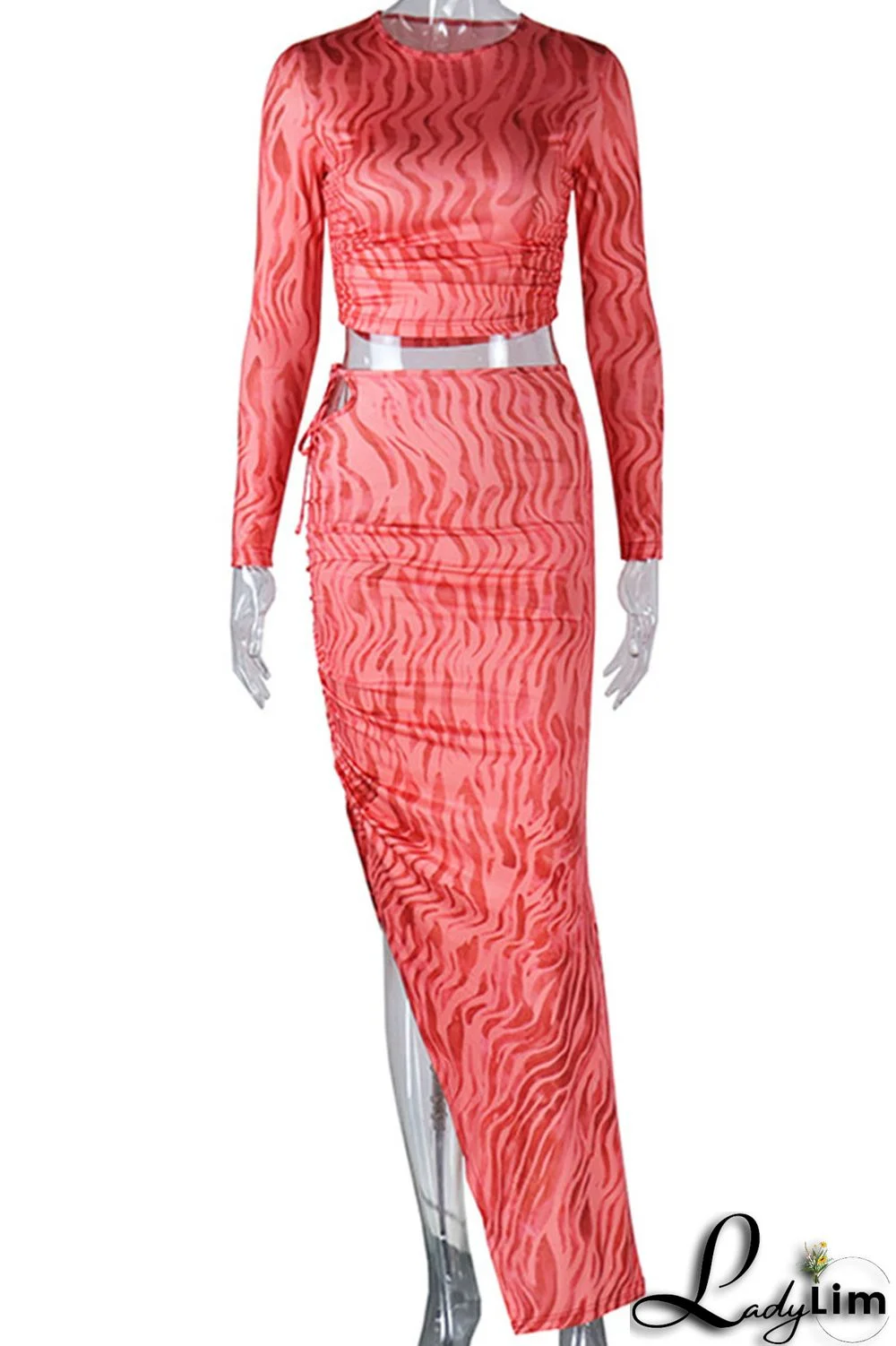 Tangerine Sexy Print Bandage Patchwork Draw String Slit O Neck Long Sleeve Two Pieces