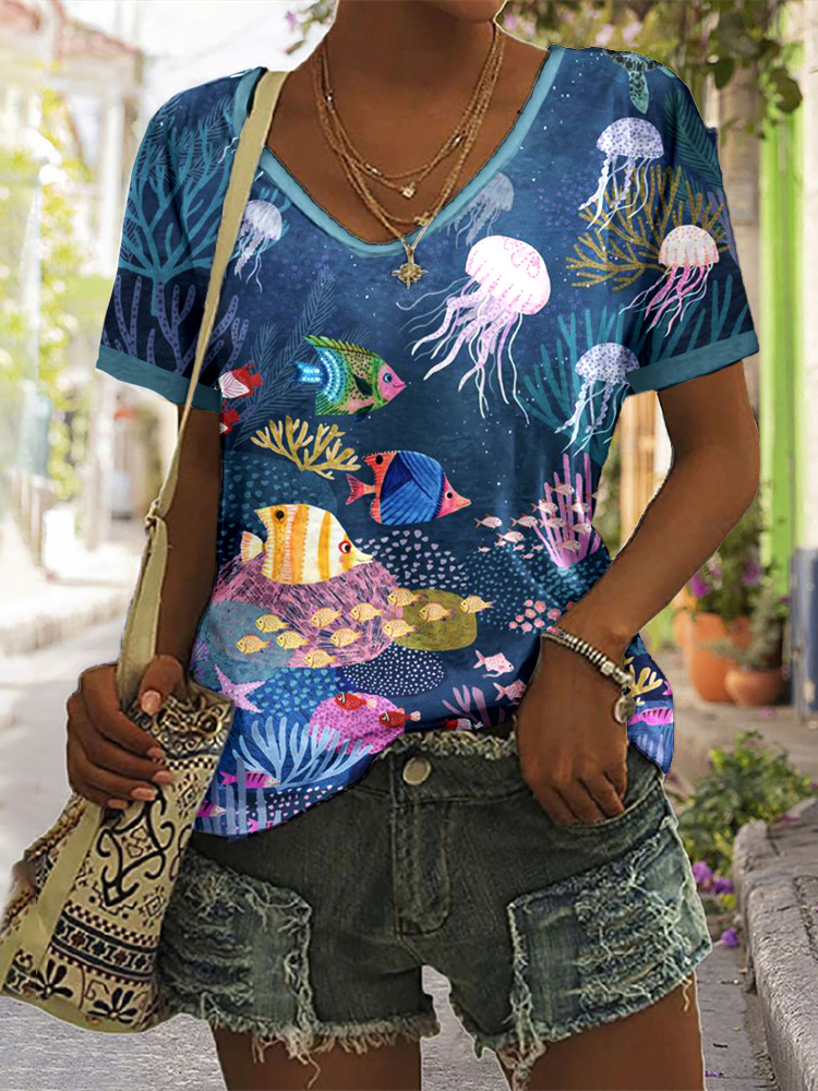 Comstylish Women's Casual Sea Animal Print V-Neck Short Sleeve T-Shirt