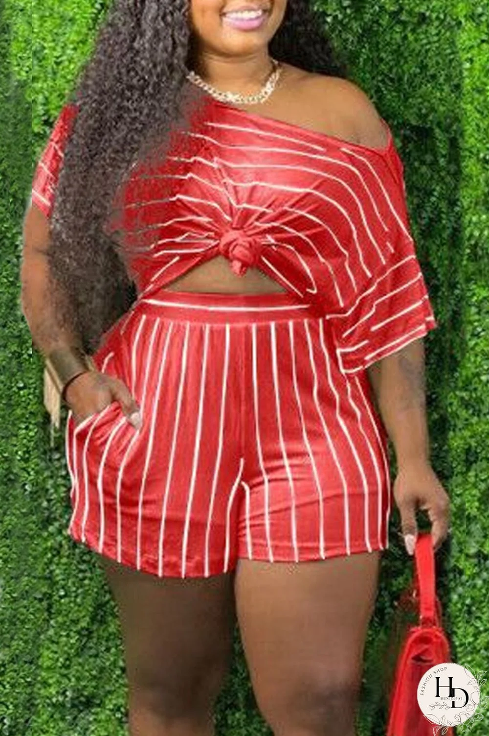 watermelon red Fashion OL One Shoulder Collar Striped Two Piece Suits Stripe Plus Size