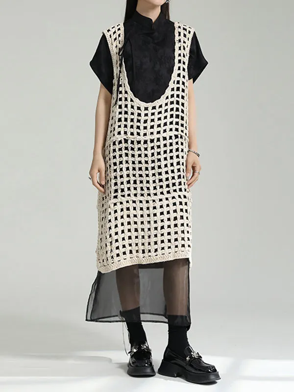 Hollow Print Solid Color Loose Sleeveless U-neck Midi Dresses