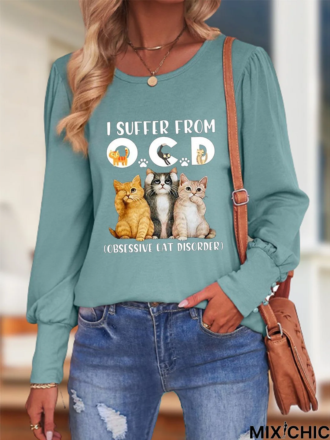 I Suffer From OCD Obsessive Cat Disorder Long Sleeve Crew Neck Buckle Casual T-Shirt