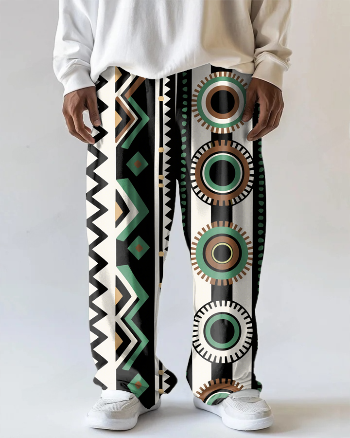 Big Men's Retro Tribal Style Geometric Pattern Printed Versatile Pocket Pants
