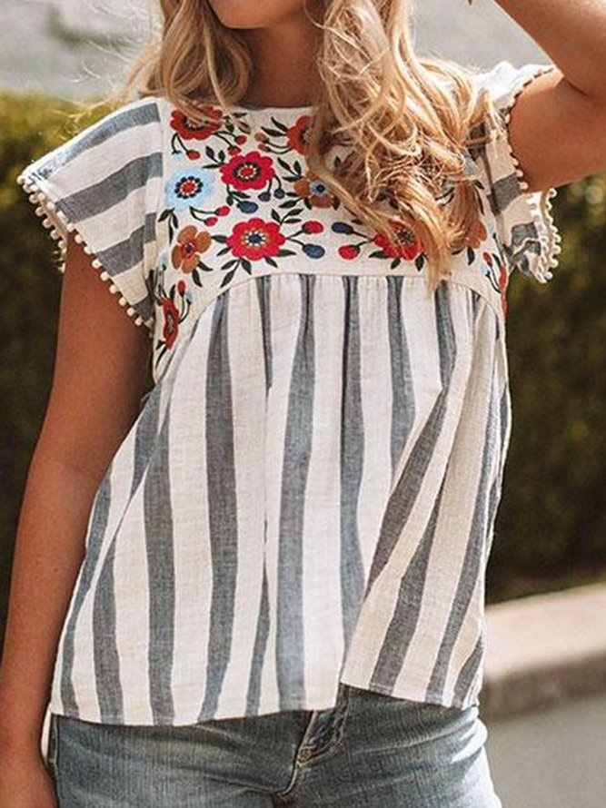 Crew Neck Embroidery Short Sleeve Vintage Shirts & Tops