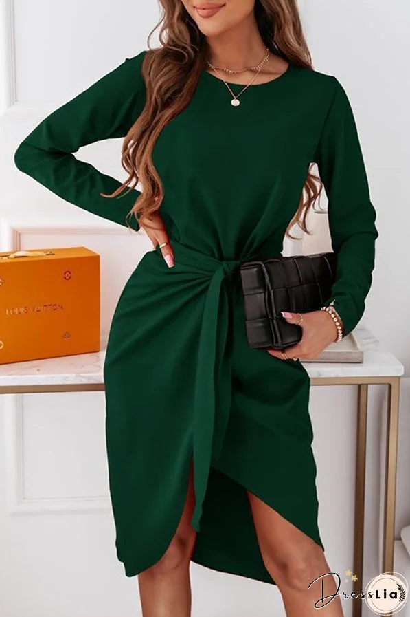 Fashion Elegant Solid With Belt O Neck Long Sleeve Dresses（3 colors）