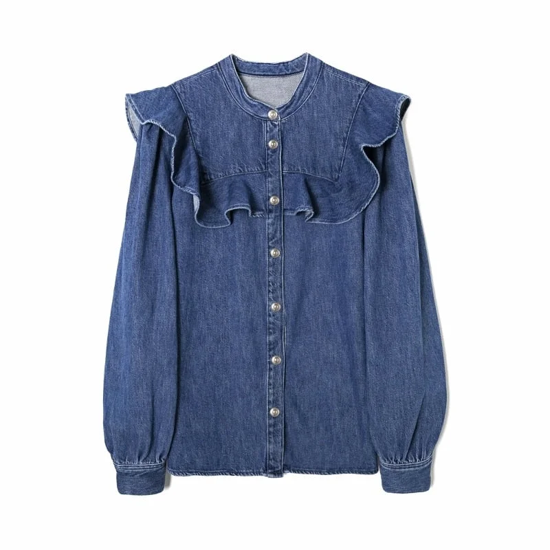 2021 New Spring Women Ruffle Decoration Denim Shirt Femme Stand Collar Long Sleeve Blouse Casual Lady Loose Tops Blusas S8096