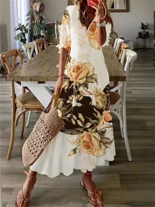 Women's Short-sleeve V-neck Floral Print Fashion Casual Dress