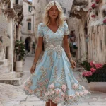 Women's Rose Floral Pattern Casual Short Sleeve Dress - Image 2