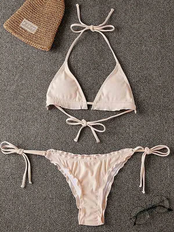 Plain Pleated Backless Triangles Tie Side Bikini Swimwear