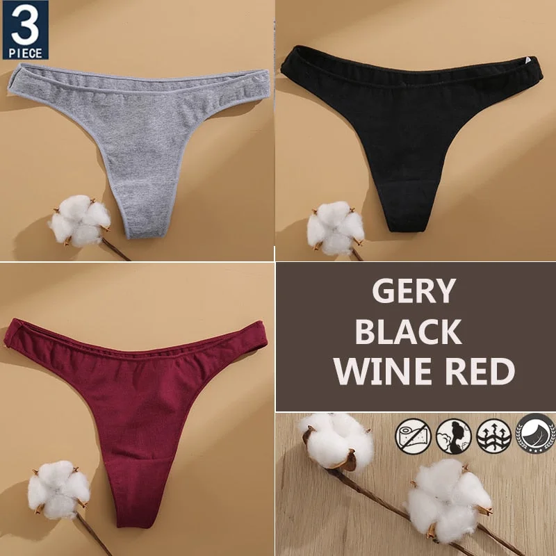FINETOO 3PCS/Set Cotton Lingerie Women's G-string Underwear 7 Solid Colors Ladies Panties Female Low-Rise Woman's Thong Briefs