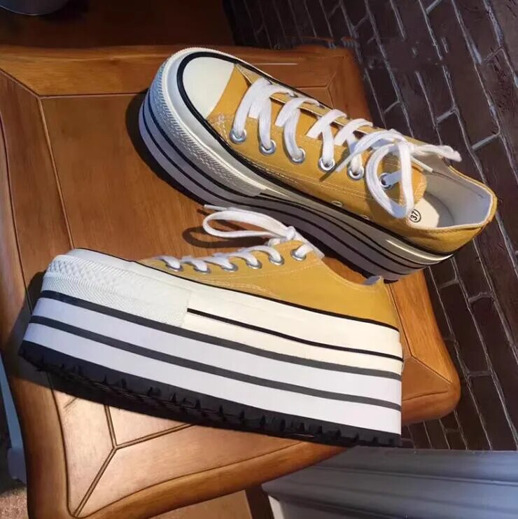 VCshoes Women Yellow Canvas Shoes Woman High Thick Wedges Heels Pumps Lady Dress Party Shoes Round Toe 32-47 Stripe Splicing
