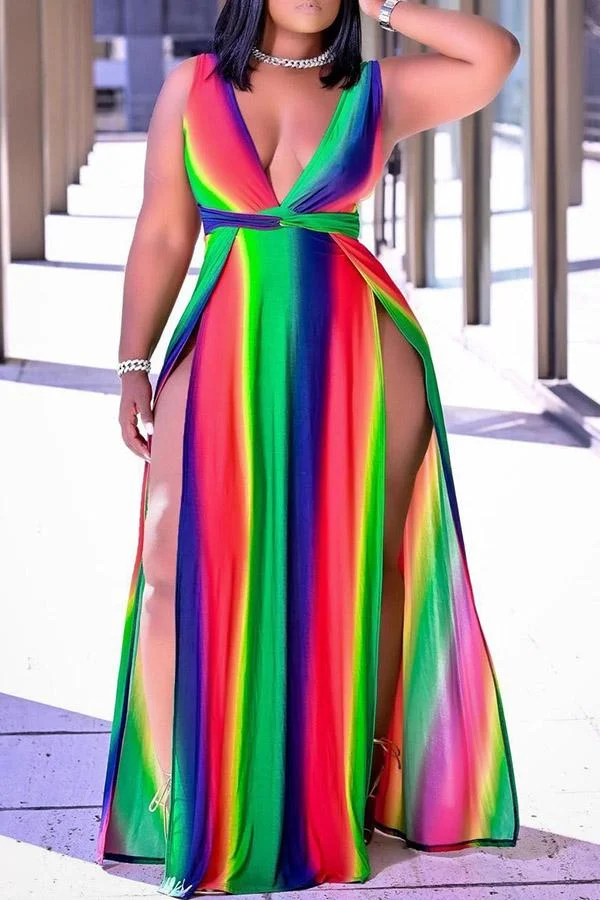 Plus Size Color Gradient Striped V-neck Sleeveless Slit Dress