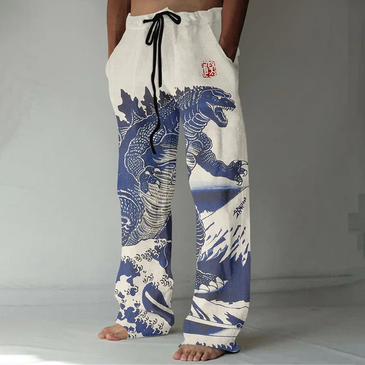 Vintage Godzilla & Waves Art Pattern Linen Blend Casual Pants