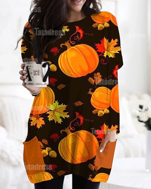 Halloween Long Sleeve Casual Pocket T-Shirt Top