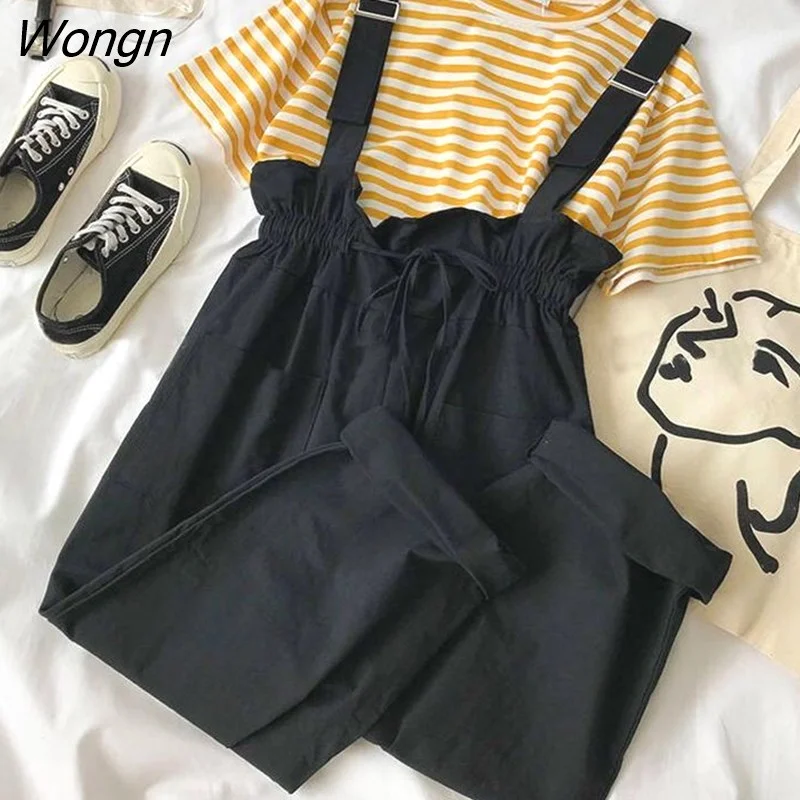 Wongn Women Fashion Design Lace Up Jump Suit Korean Style All-match Solid High Street Wide Leg Suspenders Trousers Students