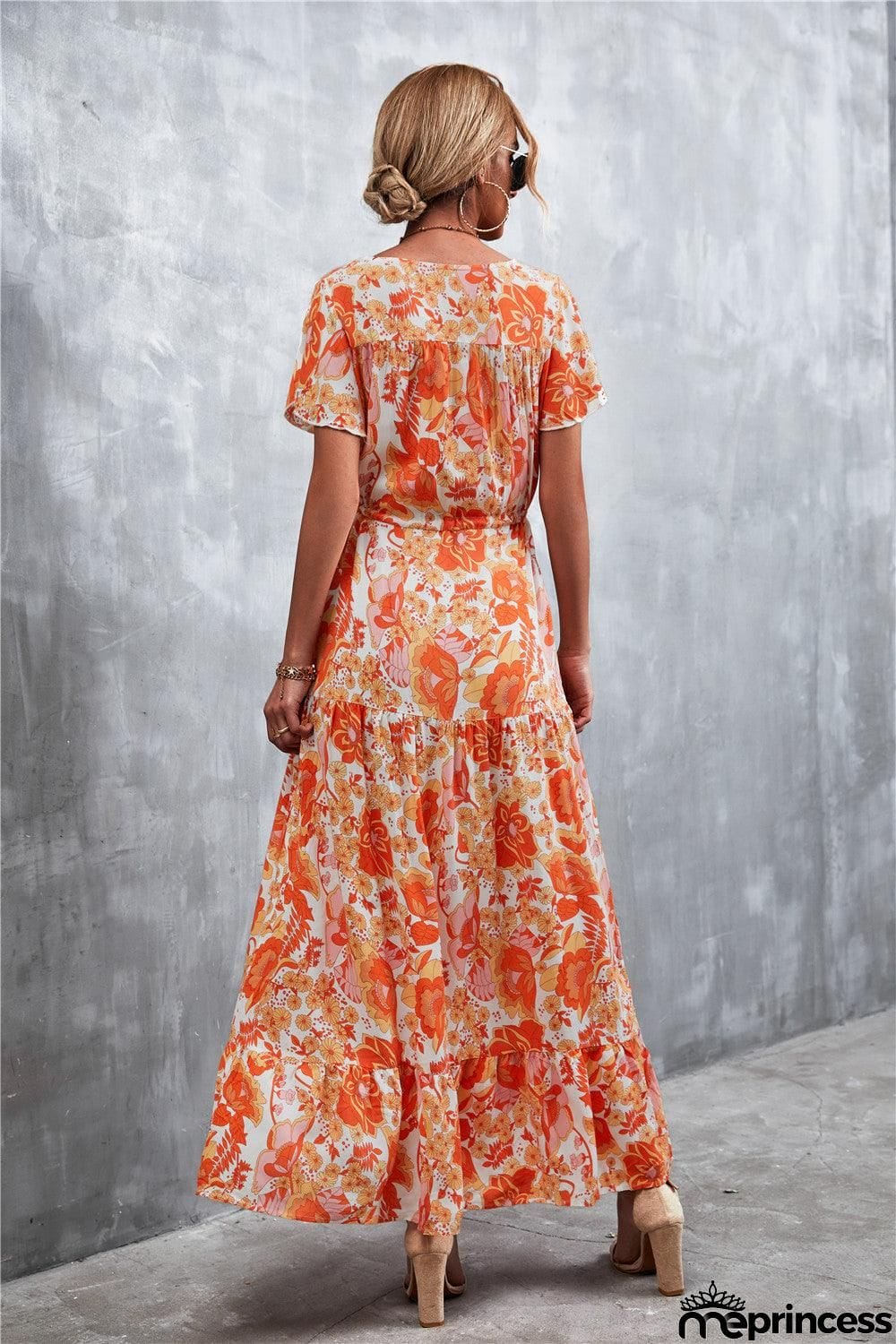 Floral Buttoned Drawstring Waist Tiered Dress