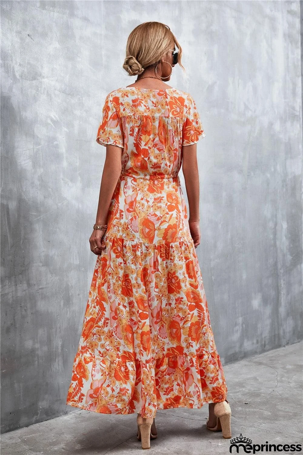 Floral Buttoned Drawstring Waist Tiered Dress