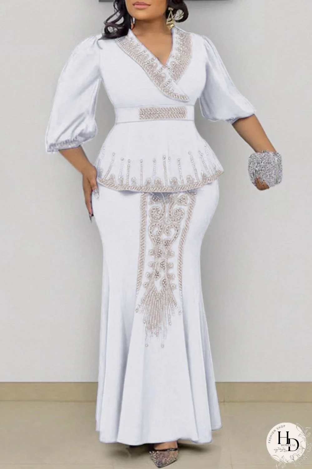 Yellow Fashion Casual Patchwork Beading Hot Drill V Neck Plus Size Two Pieces