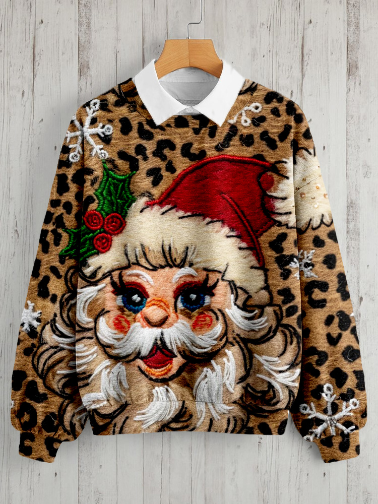 Comstylish Retro Leopard Christmas Santa Pattern Comfy Sweatshirt