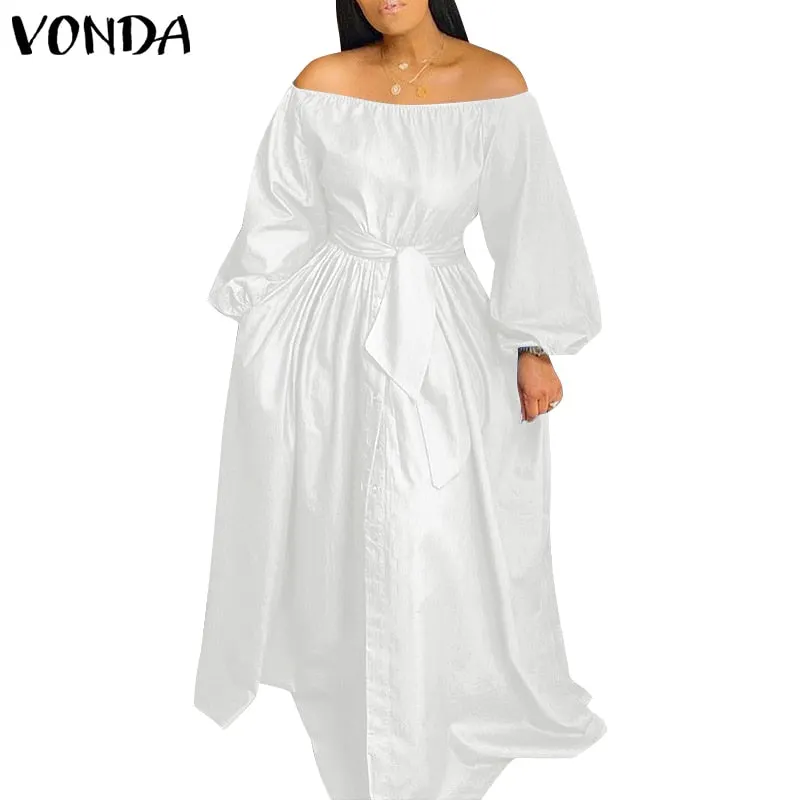 Elegant Off Shoulder Dress 2022 VONDA Spring Sundress Women Solid Color Long Maxi Dress Femme Casual Button Up Party Vestidos