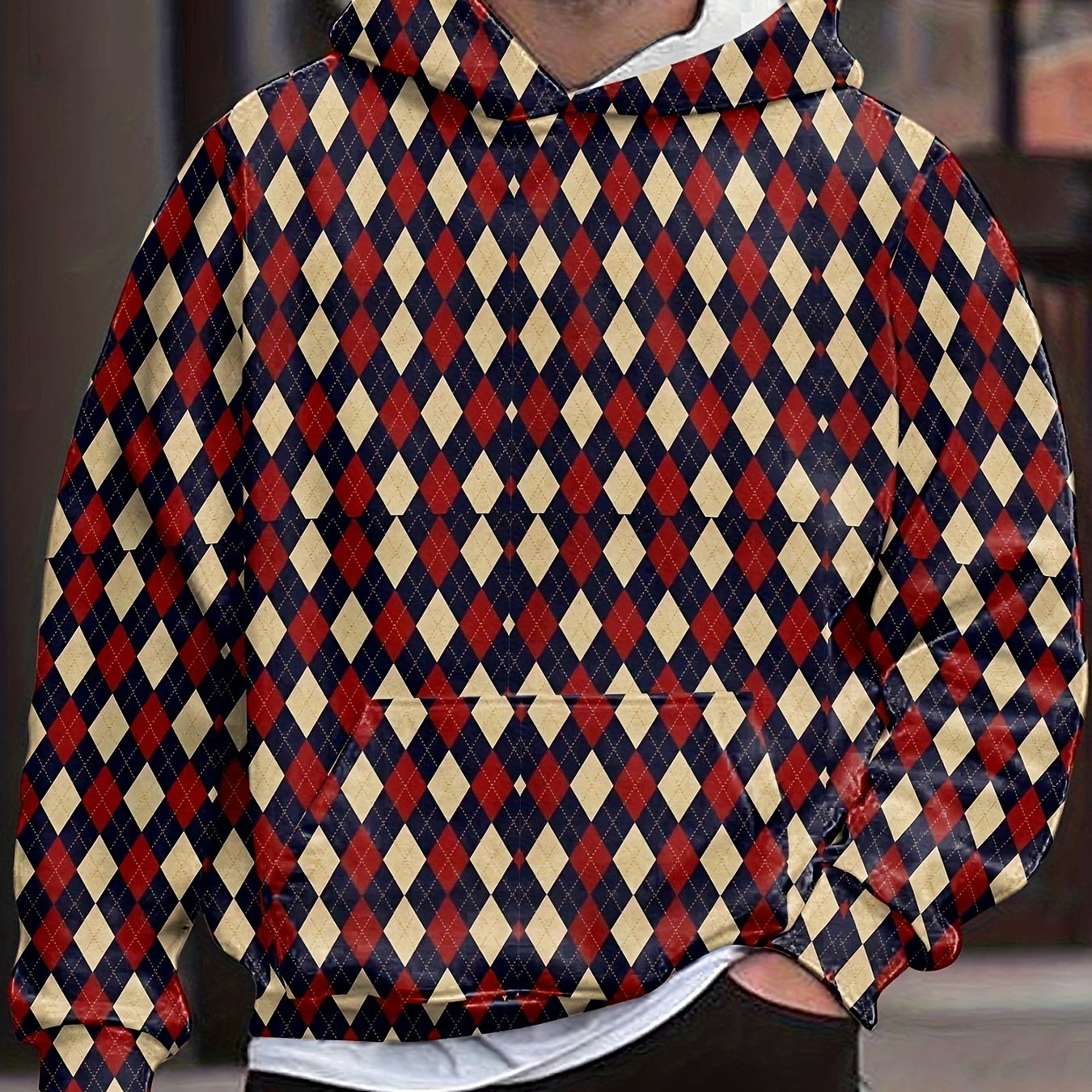 Houndstooth Print Men's Trendy Long Sleeve Casual Sports Hoodies Sweatshirt, For Outdoor Sports In Autumn And Spring