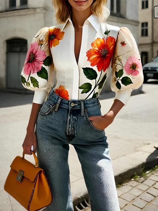 Puff Sleeves Asymmetric Floral Printed Split-Joint Lapel Blouses&Shirts Tops