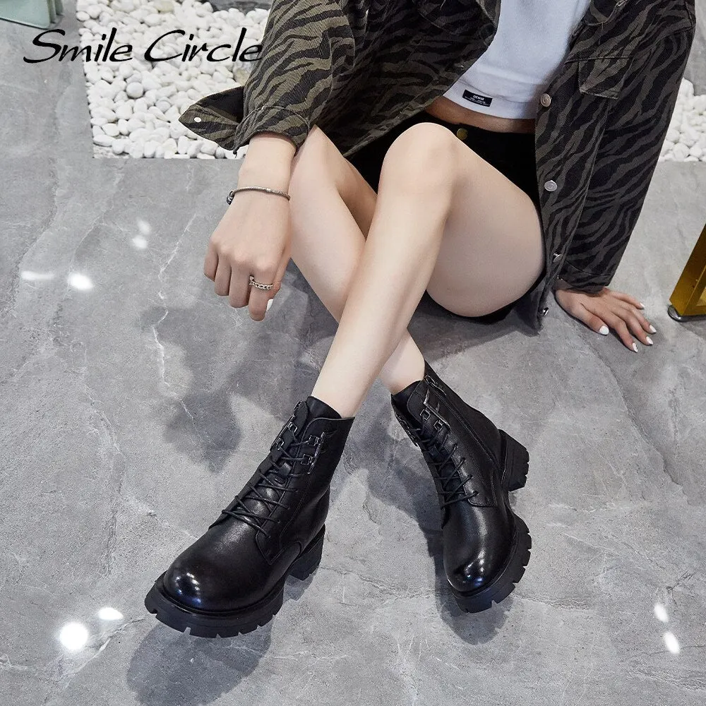 Smile Circle Autumn Ankle Boots Women Platform Boots Cow Leather zipper Soft comfortable Ladies Short Motorcycle Boots