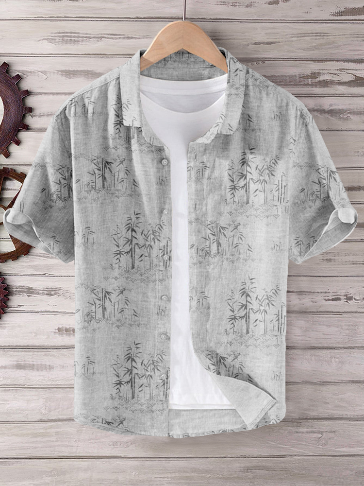 Comstylish Minimalist Bamboo Art Pattern Linen Blend Shirt