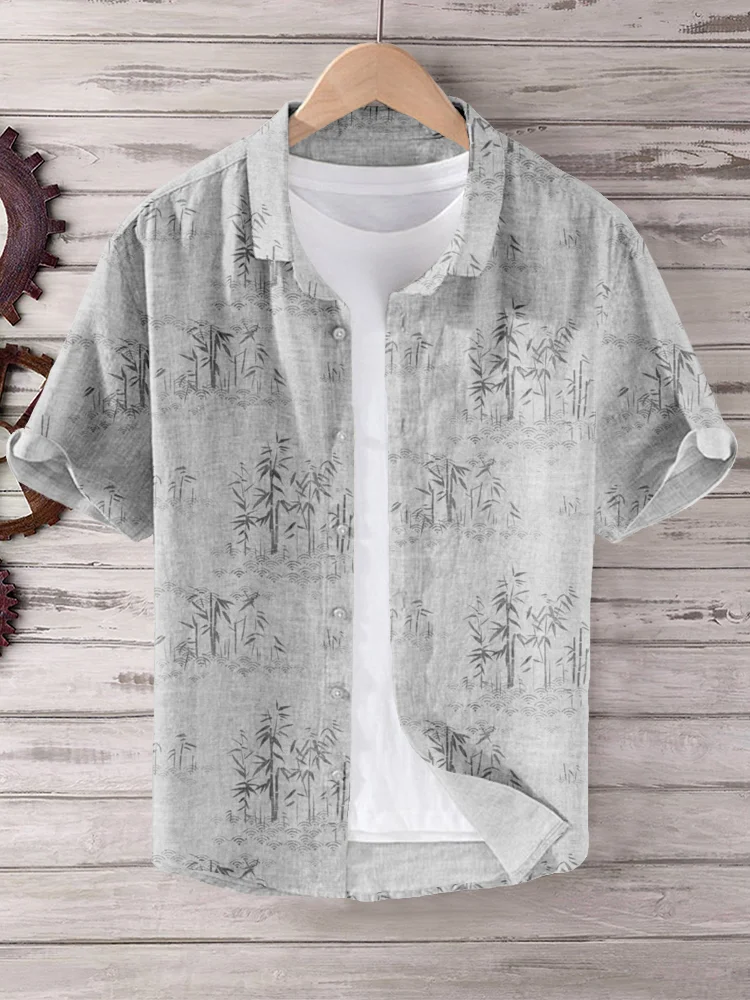 Minimalist Bamboo Art Pattern Linen Blend Shirt