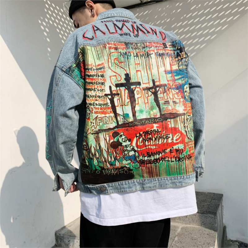Hip Hop Graffiti Printed Streetwear Oversize Coat Men's Denim Jackets-VESSFUL