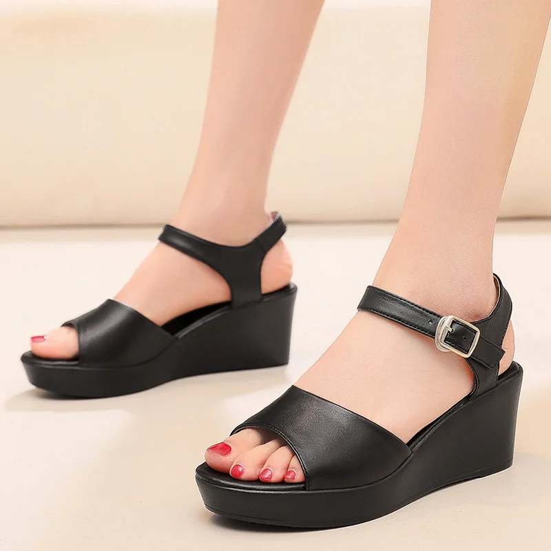 Breakj Breakj Layer Of Cow Skin Summer New Thick-Bottomed Beach 11CM Slopes And Women's Sandals High Heel Waterproof Table Comfortable Pine Pastry Fish Mouth Shoes