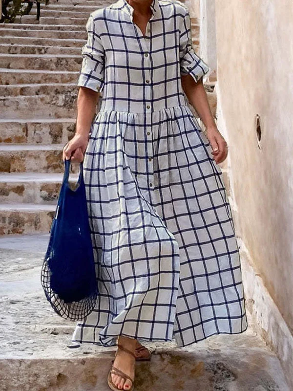 Long Sleeves Loose Buttoned Plaid Split-Joint Stand Collar Maxi Dresses