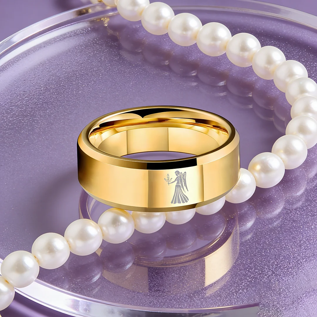 Beveled Edges Gold Laser Etched Tungsten Carbide Rings Gold Virgo Couple Wedding Band 4MM 6MM 8MM Width