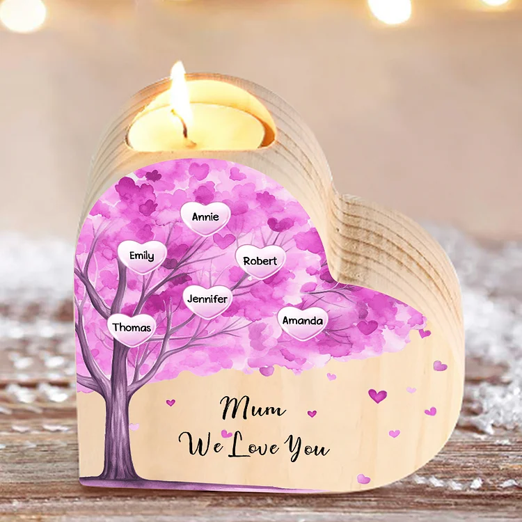 6 Names-Personalized Purple Heart Tree Heart-Shape Candlestick Set With Gift Box Custom Text  Mother's Day Gift Wooden Custom Candle Holder For Family
