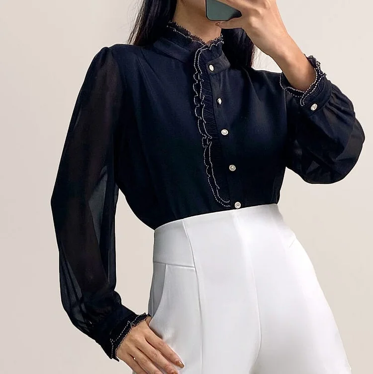 Black High Neck Ruffle Detail Button-Up Work Shirt QueenFunky