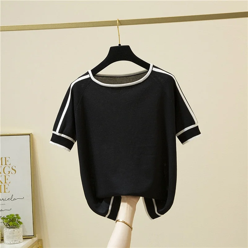 Camisetas Mujer Short Sleeve 2022 Summer Blouse Thin Knitted Shirt Women Tops Woman Clothes Striped Fashion Shirt Femme 18841