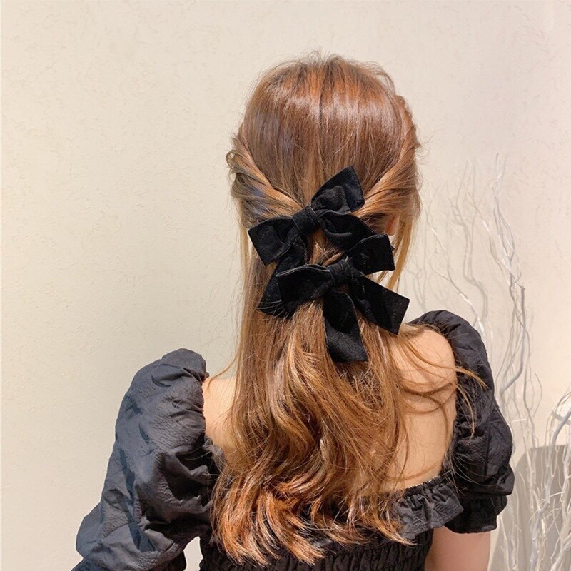 2 Pcs Velvet Bow with Clip Jisoo Style Elegant Bow Tie Hairpins Vintage Black Bow Hair Clip Korean Jennie same Hair Accessories LANFUBEISI