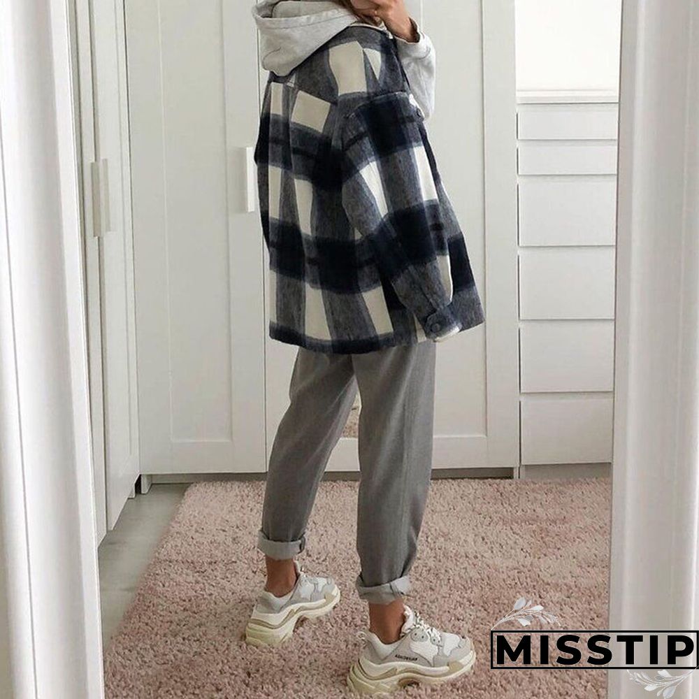 Classic Thick Colorblock Checked Button Down Shirt Jacket Woolen