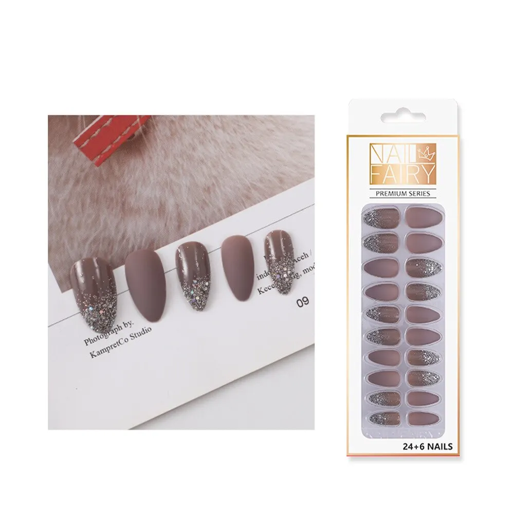Fake Nails with Glue Metal Color False Nail Art Tips Press on Coffin Stick Designs Clear Set Full Cover Artificial Short Kiss-Nail Inspo