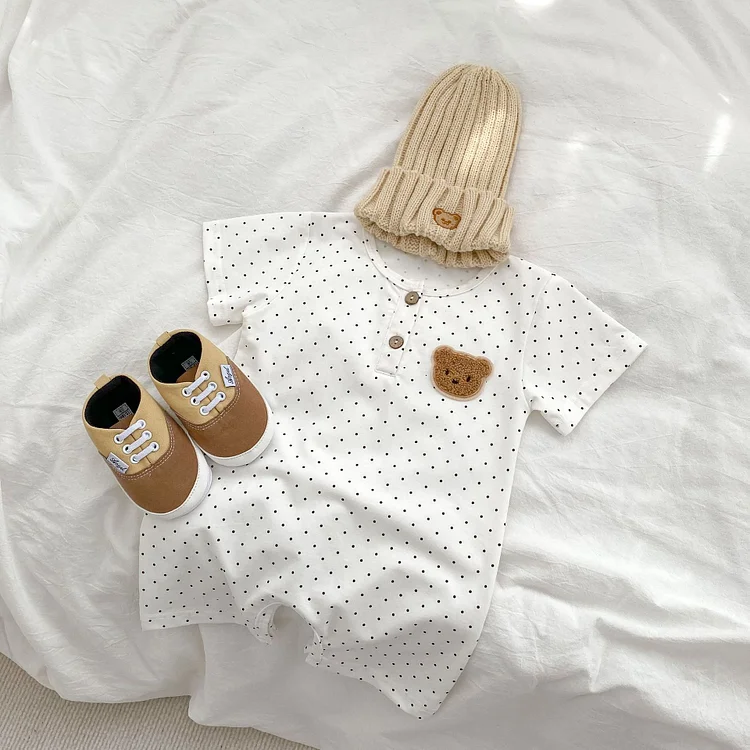 Baby Boy/Girl Embroidered Bear & Dot Print Short Sleeve Romper