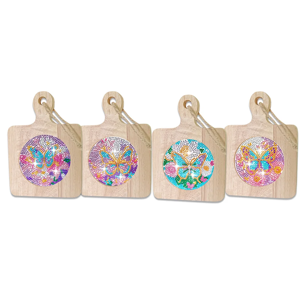 4Pcs Butterfly Diamond Painting Wooden Serving Tray for Countertop Decoration