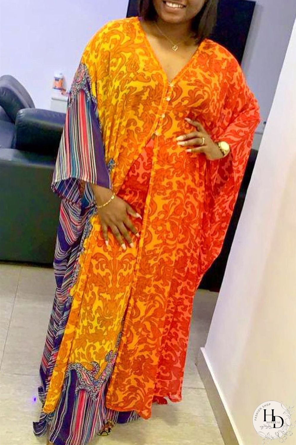 Blue Fashion Casual Print Slit V Neck Long Sleeve Two Pieces