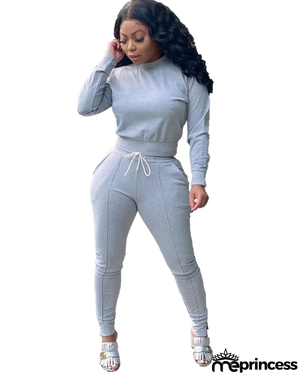 Autumn Casual Matching Solid Color Crop Top and Track Pants Set