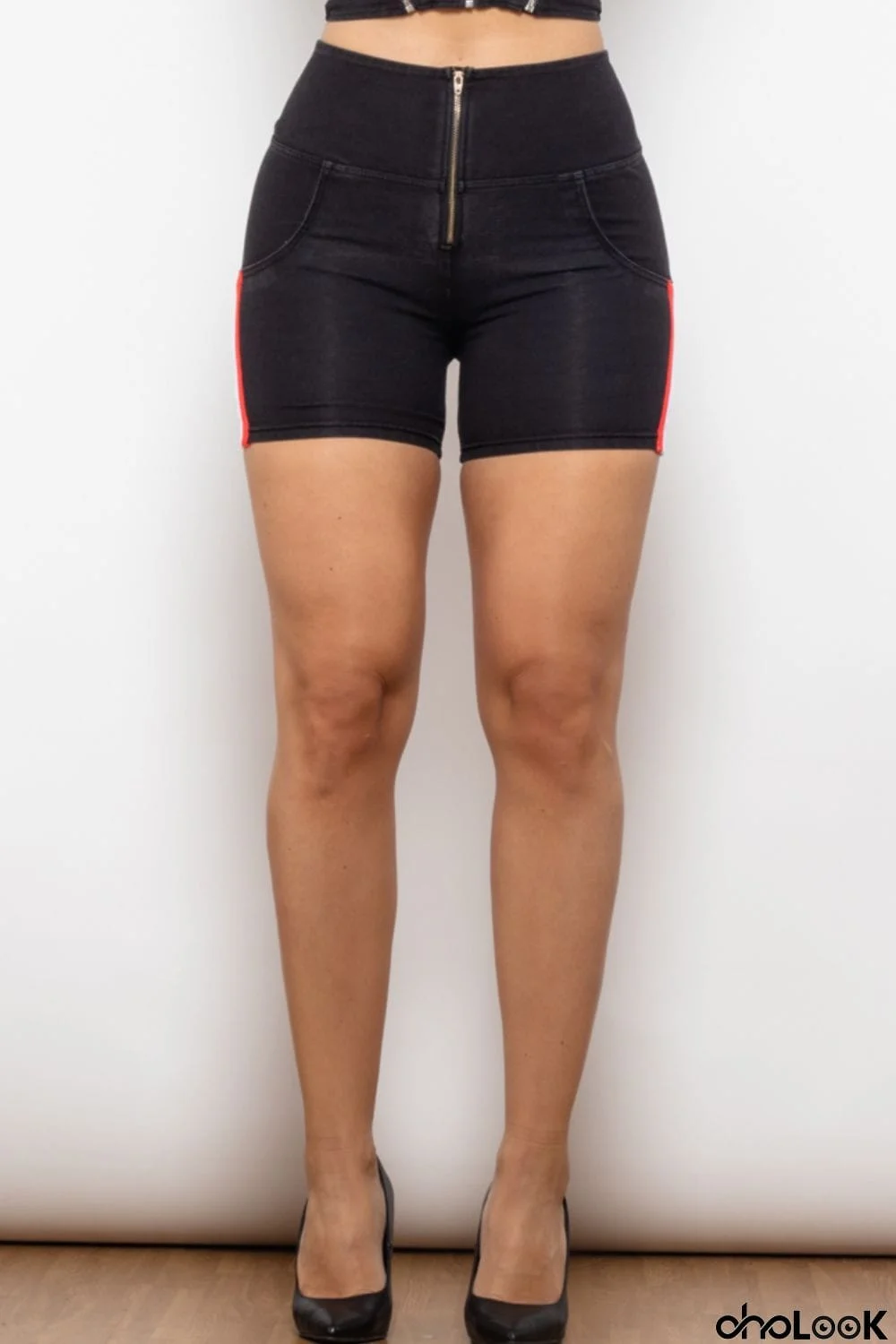 Full Size Side Stripe Zip Closure Denim Shorts