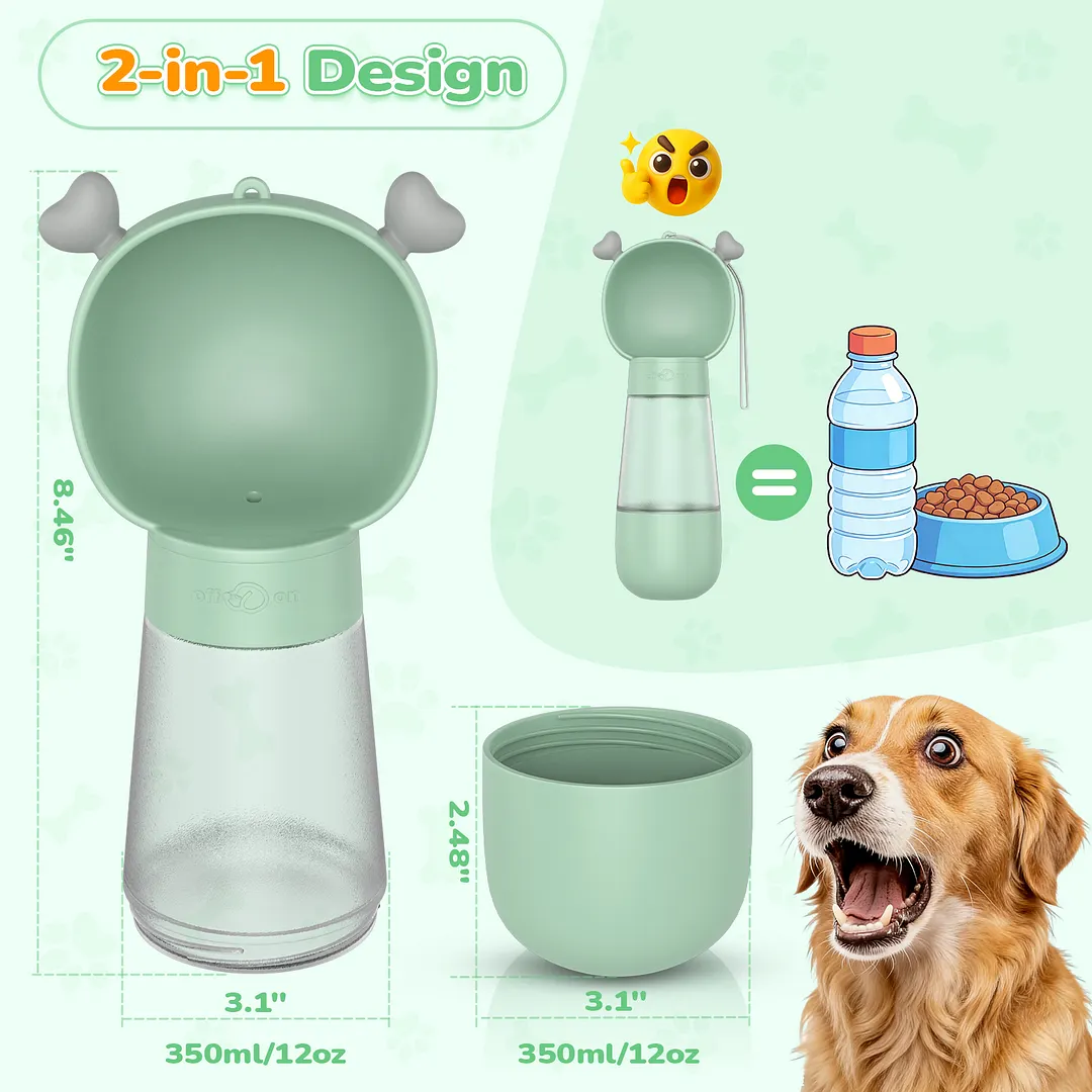 BEBANG Dog Water Bottle with Food Container, Leak-Proof Portable Pet Travel Water Cup, BPA-Free, 11.8oz/350ml Capacity for Dogs & Cats (Green)