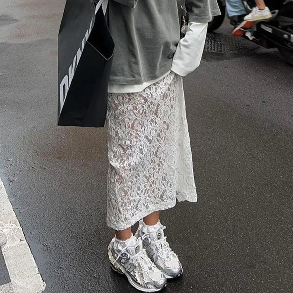 Beyprern Lace Slit Hollow Long Skirt Women's White Lace A-Line Skirt Casual Solid Color Vacation Women's Long Skirt Streetwear