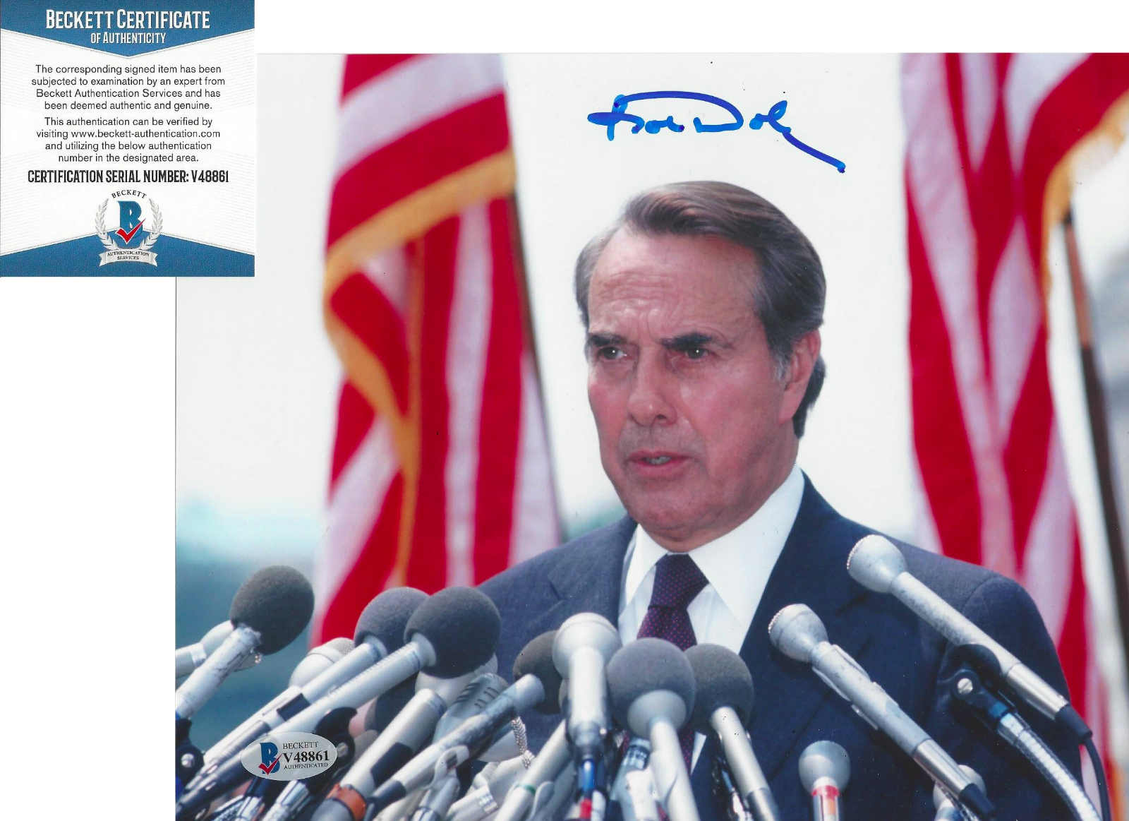 BOB DOLE KANSAS SENATOR PRESIDENTIAL CANDIDATE SIGNED 8x10 Photo Poster painting BECKETT BAS COA