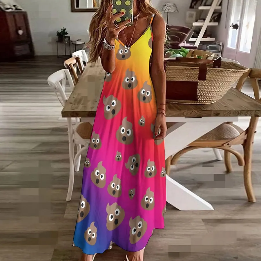 Cute Rainbow Poop Emoji Women's Casual Strappy V Neck Sleeveless Flowy Loose Long Maxi Beach Dress Sundress Rainbow-M